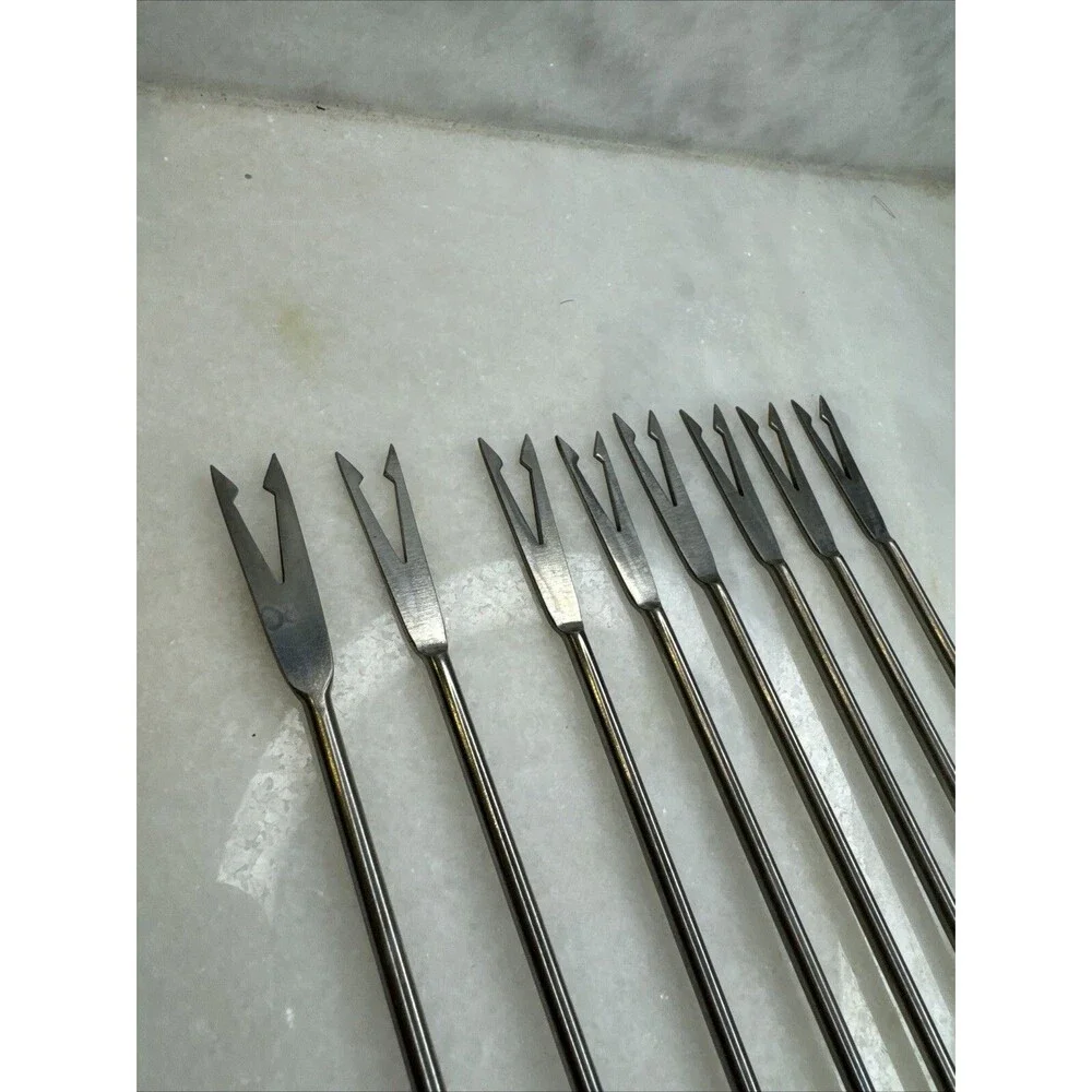 Vintage Fondue Fork Set (8) Color Coded Stainless Steel Wood Handle 10.5 In